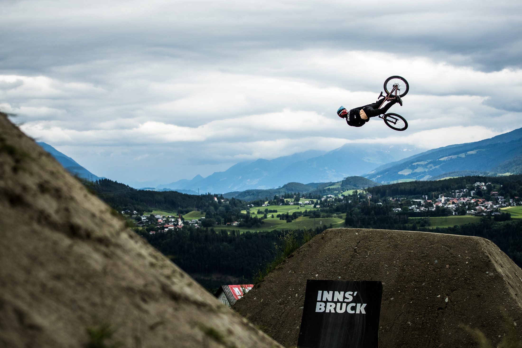 Brett Rheeder throws one of his signiture off-axis spins. Crankworx Innsbruck 2019.